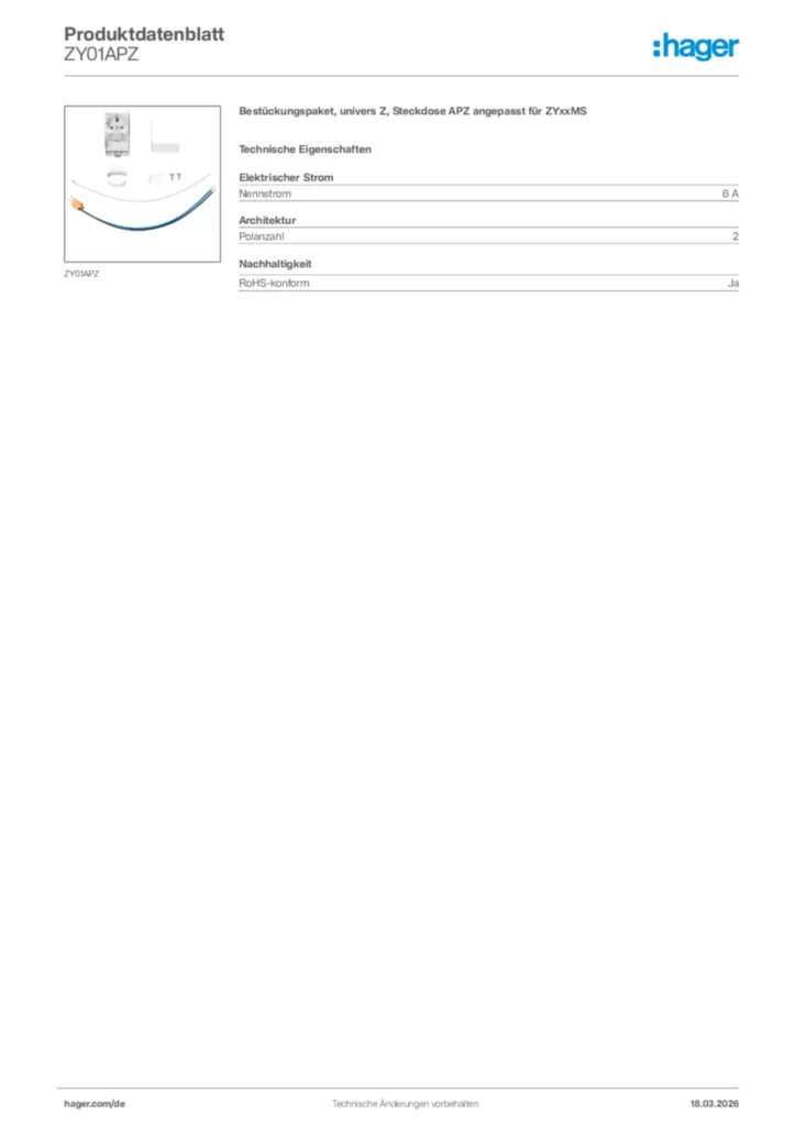 Bild Hager Produktdatenblatt ZY01APZ | Hager Deutschland