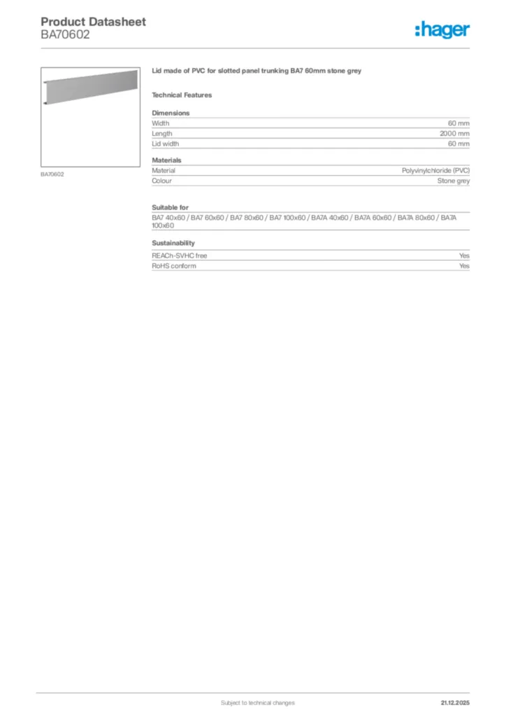 Image Hager Product data sheet BA70602  | Hager Africa