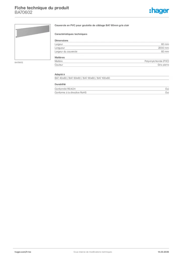 Image Hager Fiche technique du produit BA70602 | Hager Belgique