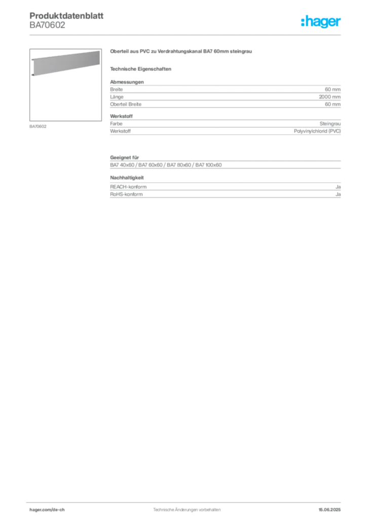 Bild Hager Produktdatenblatt BA70602 | Hager Schweiz
