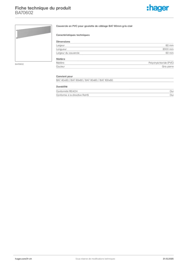 Image Hager Fiche technique du produit BA70602 | Hager Suisse