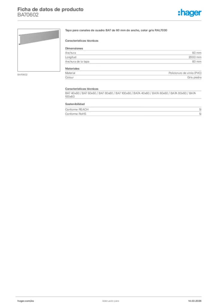 Imagen Hager Ficha de datos de producto BA70602 | Hager España