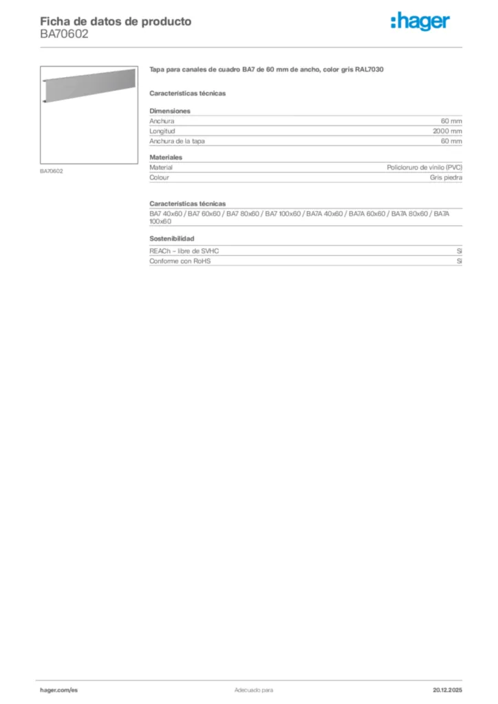 Imagen Hager Ficha de datos de producto BA70602 | Hager España