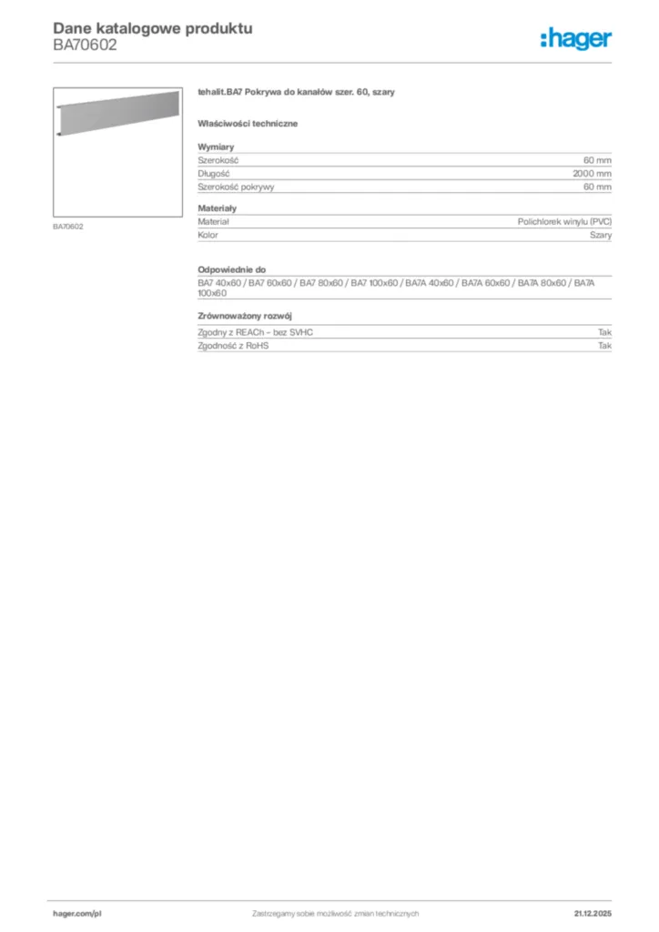 Zdjęcie Hager Dane katalogowe produktu BA70602 | Hager Polska