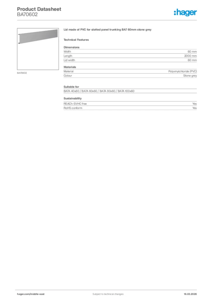 Image Hager Product data sheet BA70602  | Hager