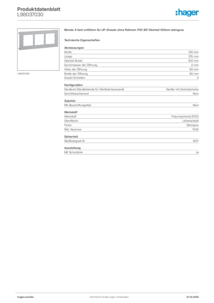 Bild Hager Produktdatenblatt L98037030 | Hager Deutschland