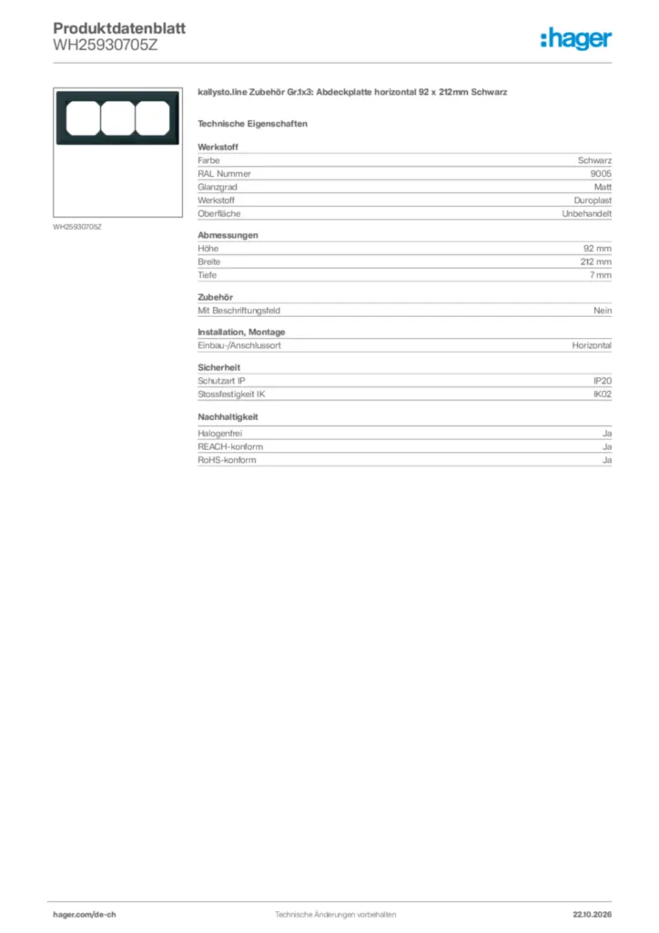 Bild Hager Produktdatenblatt WH25930705Z | Hager Schweiz