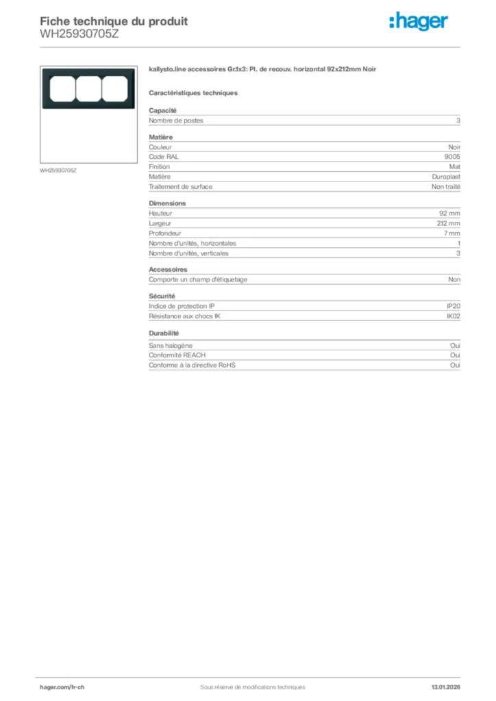 Image Hager Fiche technique du produit WH25930705Z | Hager Suisse