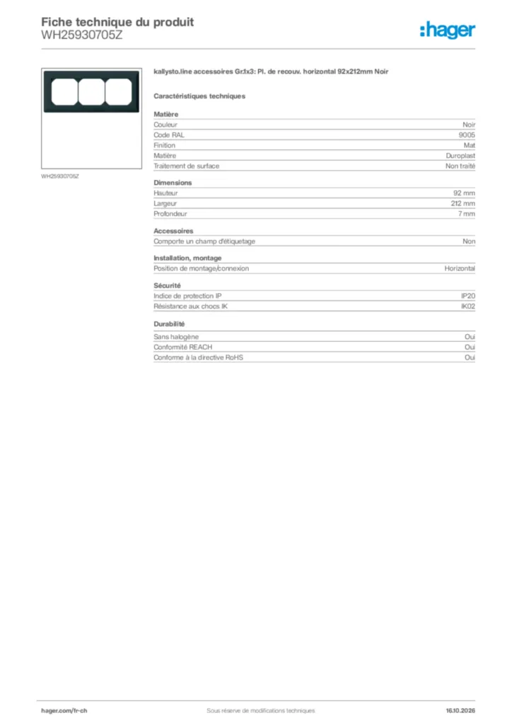 Image Hager Fiche technique du produit WH25930705Z | Hager Suisse