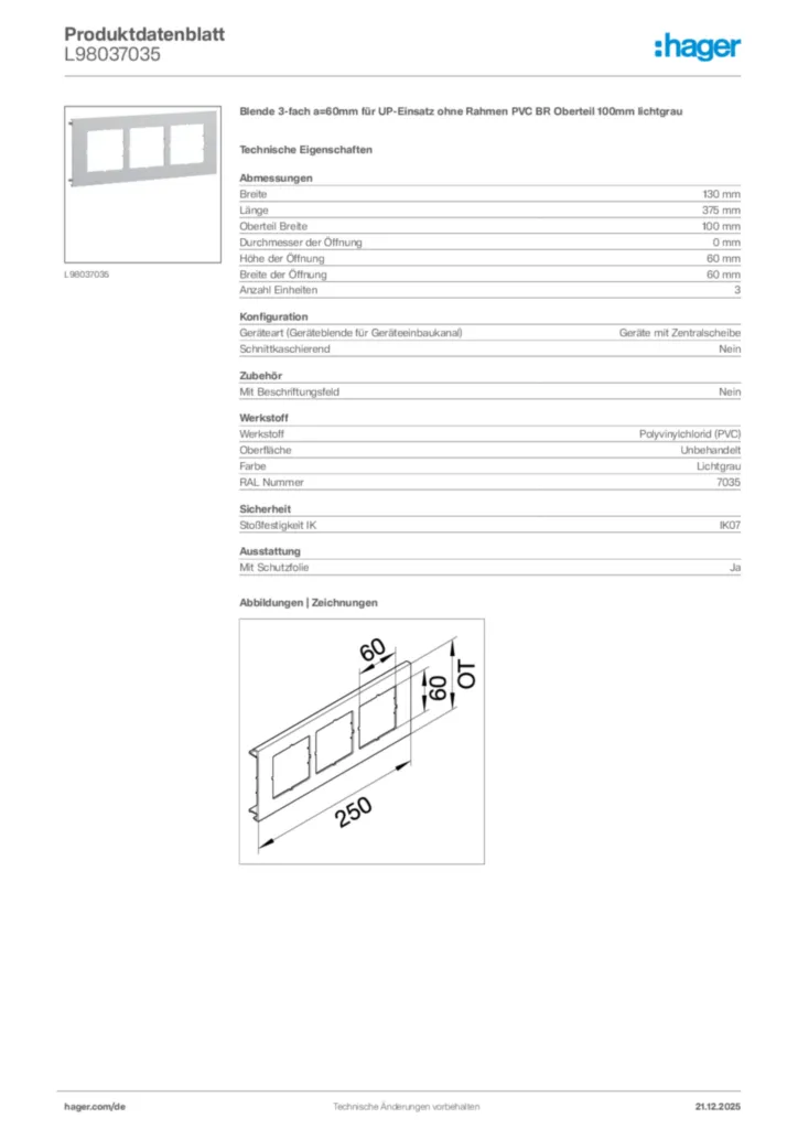 Bild Hager Produktdatenblatt L98037035 | Hager Deutschland