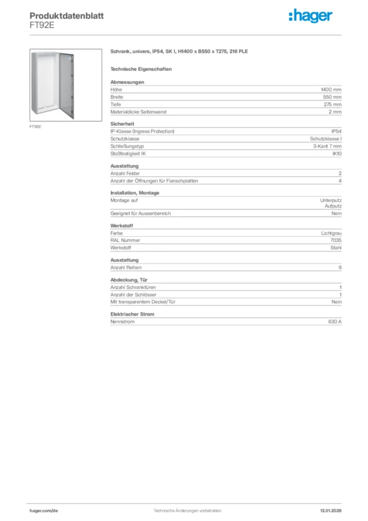 Bild Hager Produktdatenblatt FT92E | Hager Deutschland