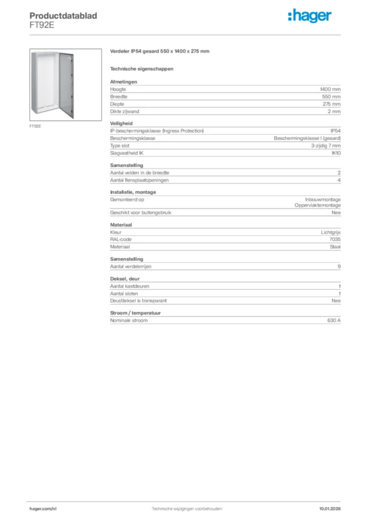 Afbeelding Hager Productdatablad FT92E | Hager Nederland