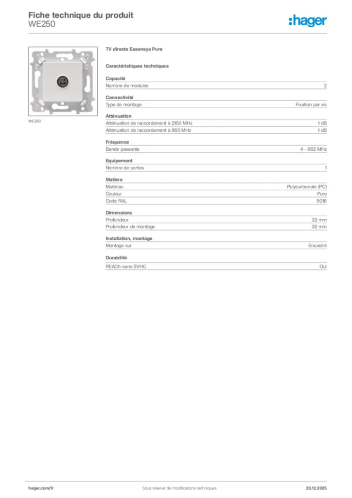 Image Hager Fiche technique du produit WE250 | Hager France