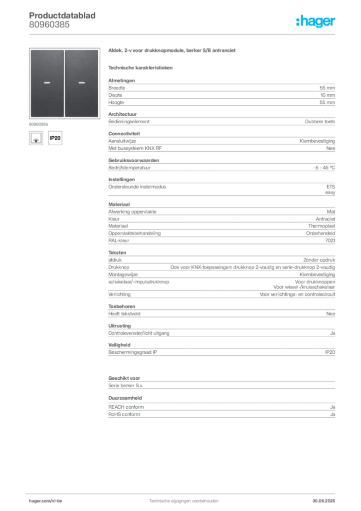 Afbeelding Hager Productdatablad 80960385 | Hager Belgium