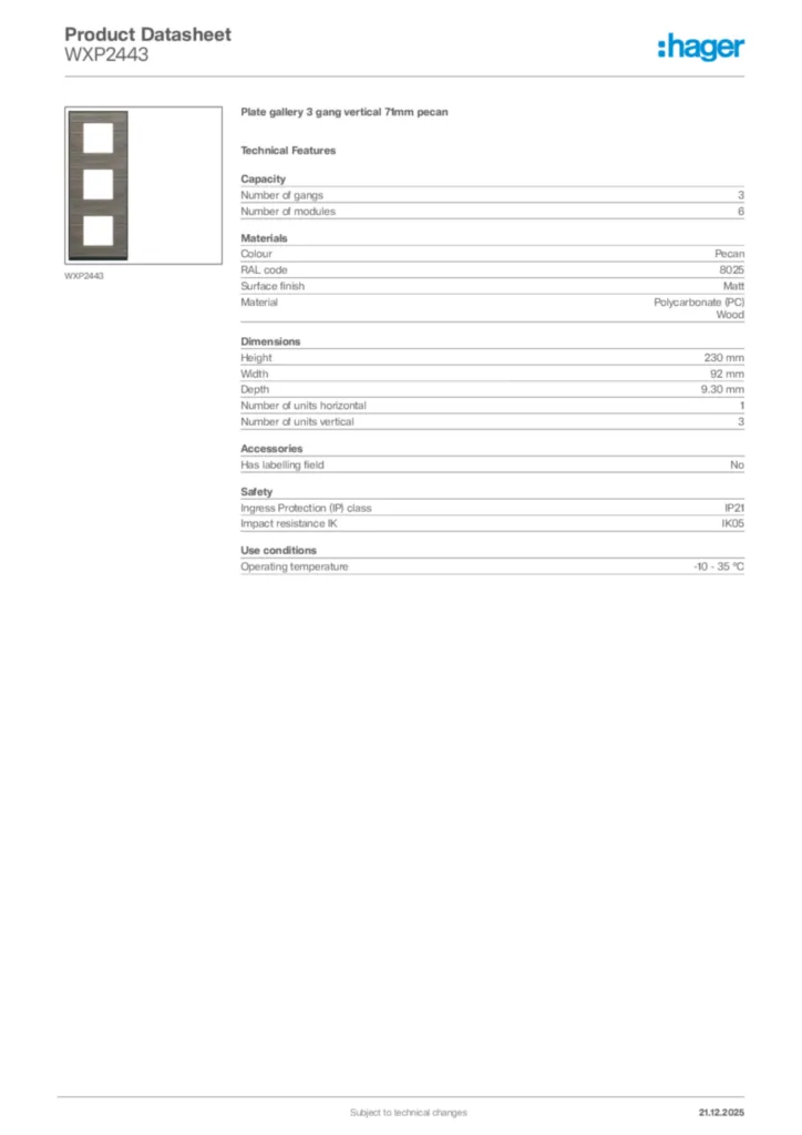 Image Hager Product data sheet WXP2443  | Hager Africa