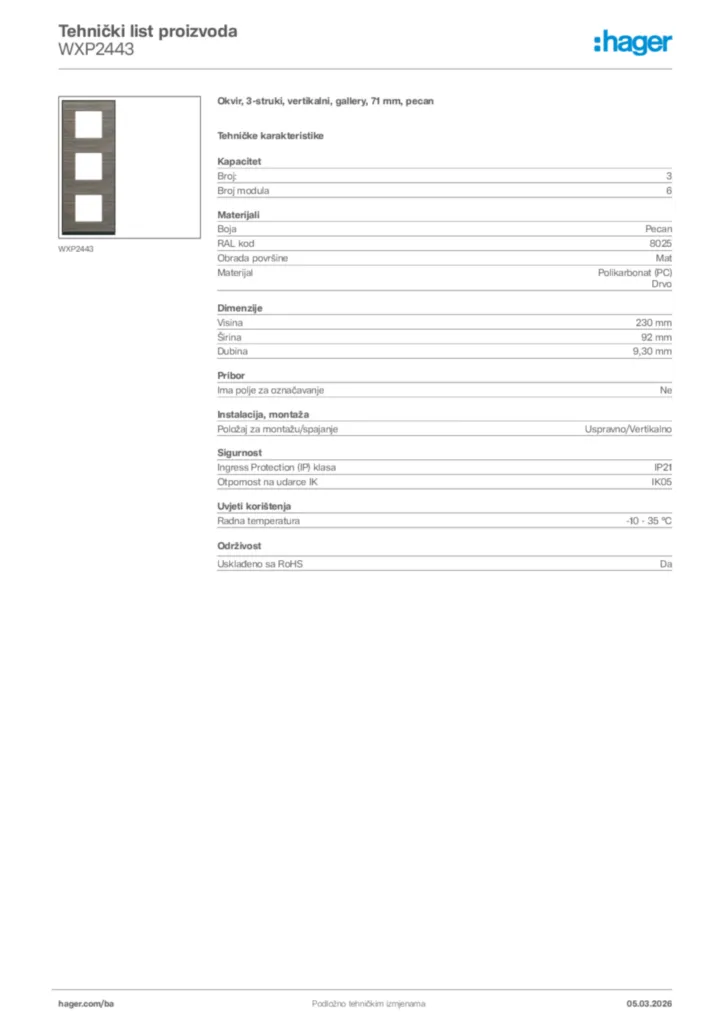 Slika Hager Tehnički list proizvoda WXP2443  | Hager