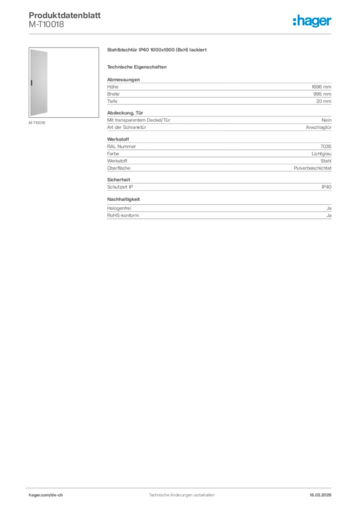 Bild Hager Produktdatenblatt M-T10018 | Hager Schweiz