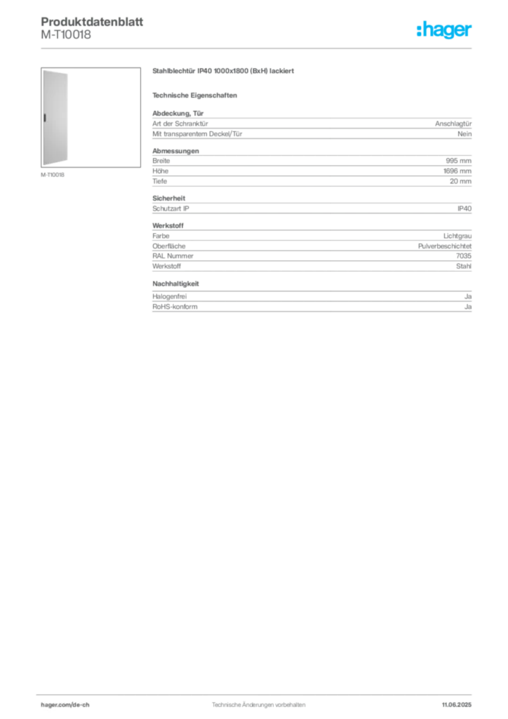 Bild Hager Produktdatenblatt M-T10018 | Hager Schweiz