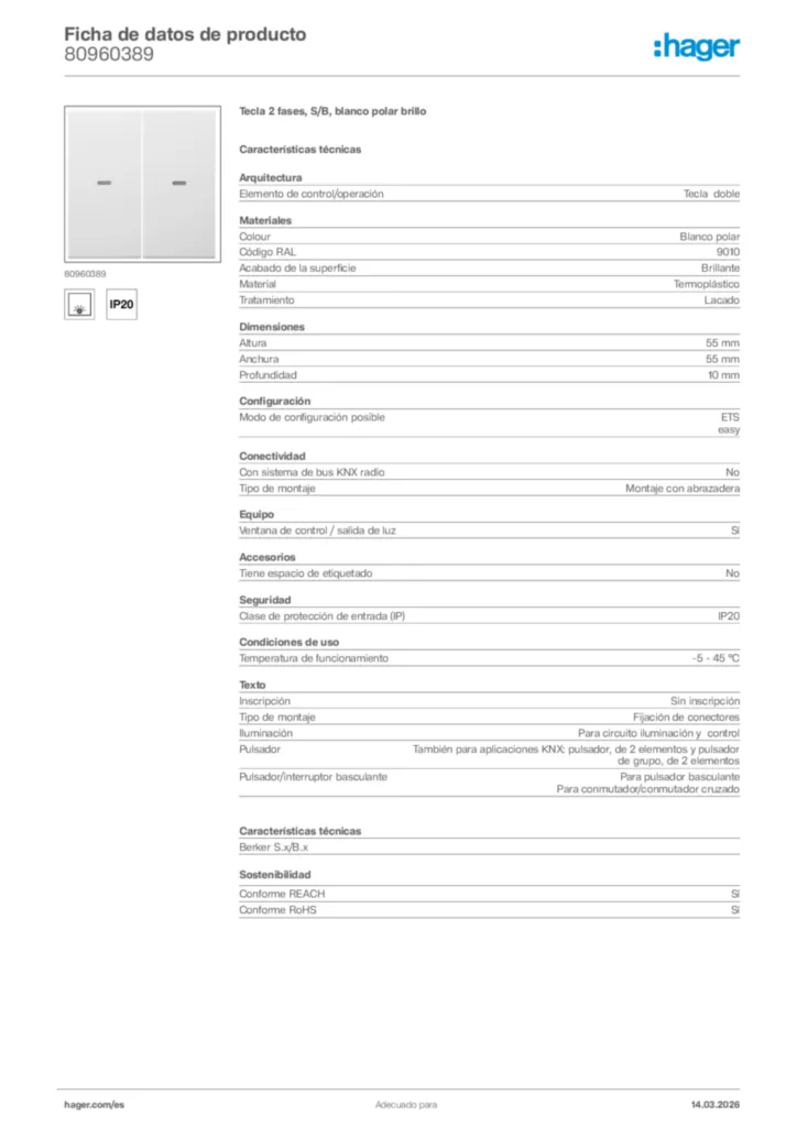 Imagen Hager Ficha de datos de producto 80960389 | Hager España