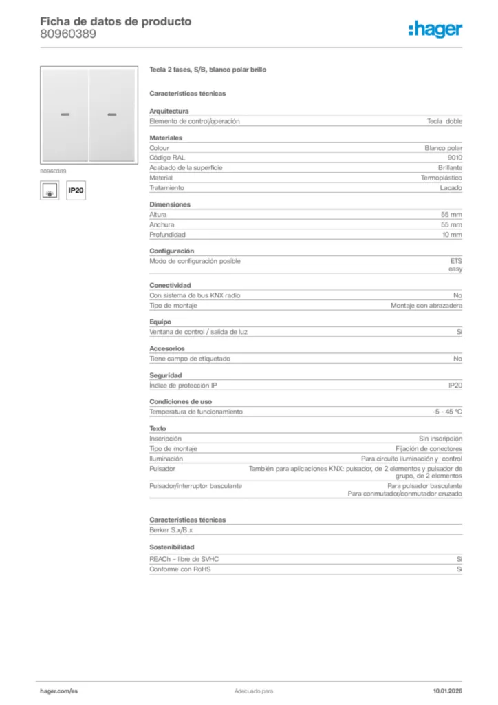 Imagen Hager Ficha de datos de producto 80960389 | Hager España