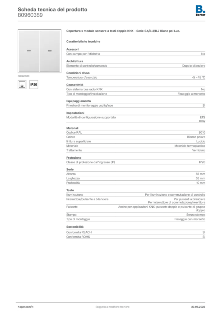Immagine Berker Scheda tecnica del prodotto 80960389 | Hager Italia