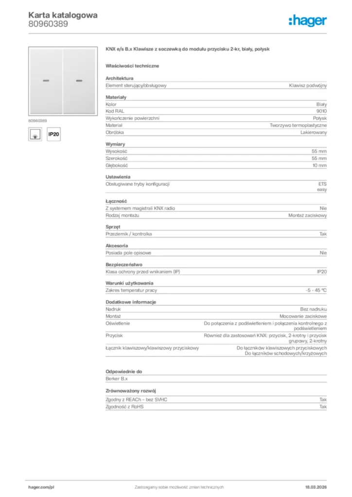 Zdjęcie Hager Karta katalogowa 80960389 | Hager Polska