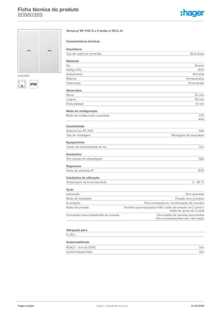 Imagem Hager Ficha técnica do produto 80960389 | Hager Portugal