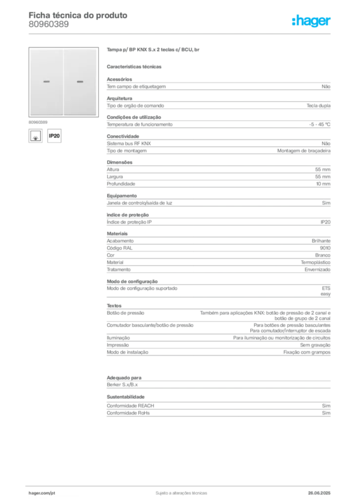 Imagem Hager Ficha técnica do produto 80960389 | Hager Portugal