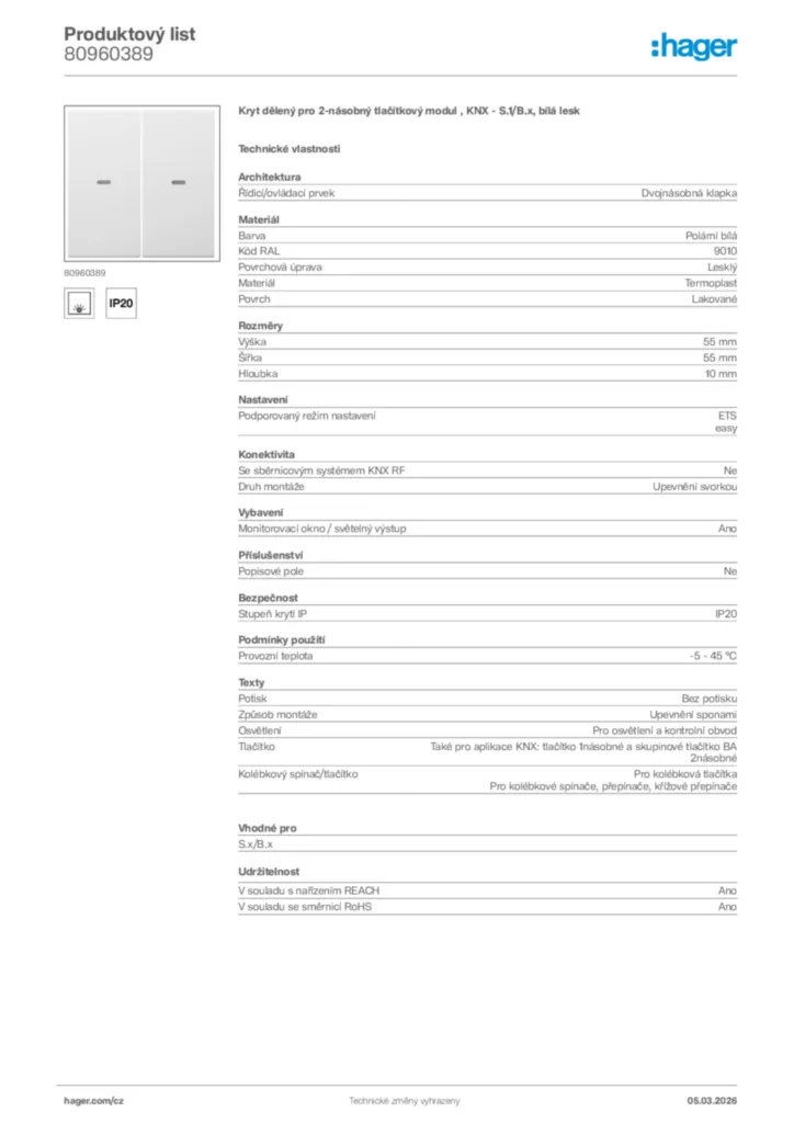 Obrázek Hager Product data sheet 80960389 | Hager
