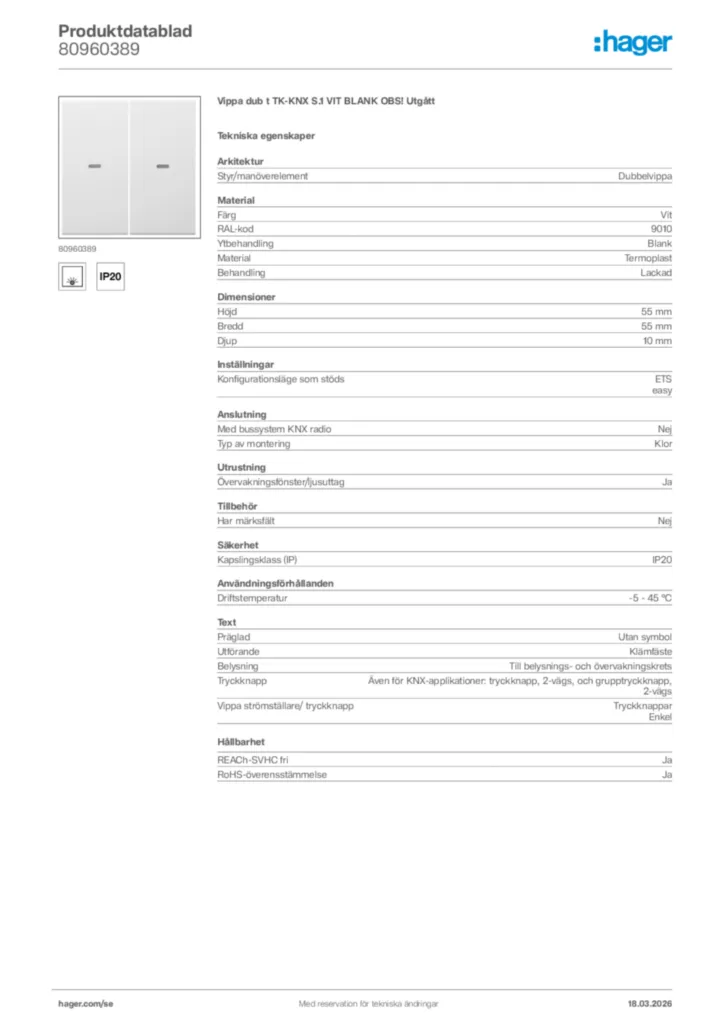 Bild Hager Produktdatablad 80960389 | Hager Sverige