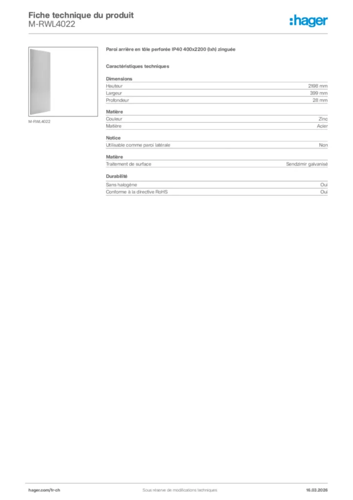 Image Hager Fiche technique du produit M-RWL4022 | Hager Suisse