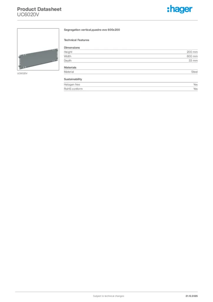 Image Hager Product data sheet UC6020V  | Hager Africa