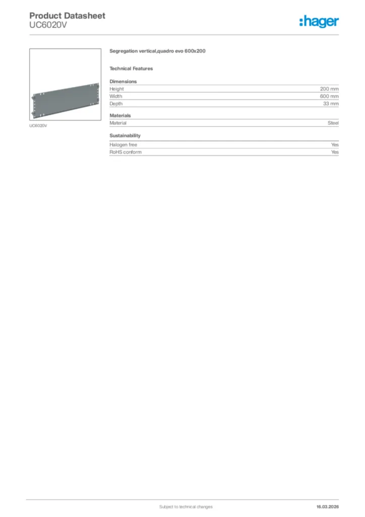 Image Hager Product data sheet UC6020V  | Hager Africa