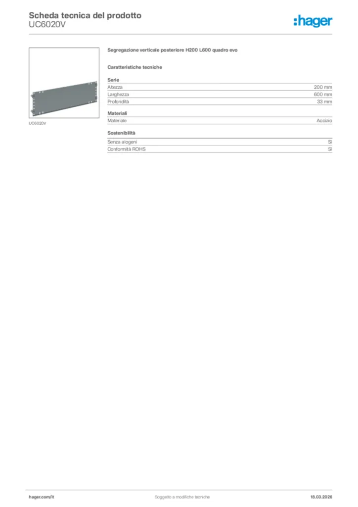 Immagine Hager Scheda tecnica del prodotto UC6020V | Hager Italia