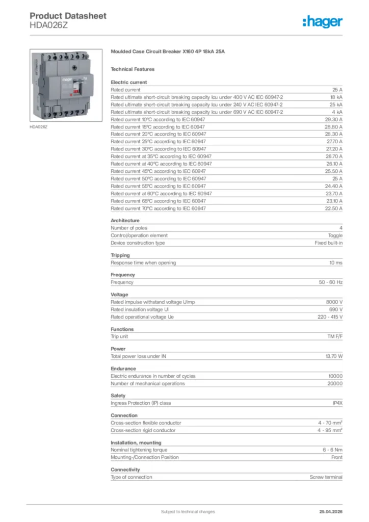 Image Hager Product data sheet HDA026Z  | Hager Africa