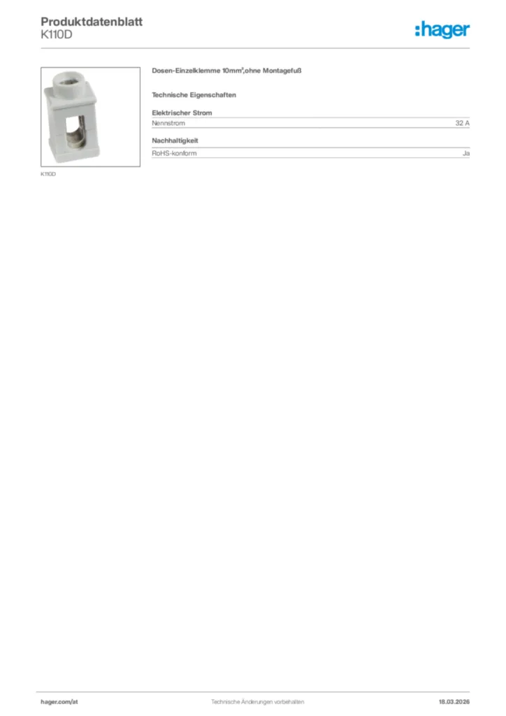 Bild Hager Produktdatenblatt K110D | Hager Deutschland