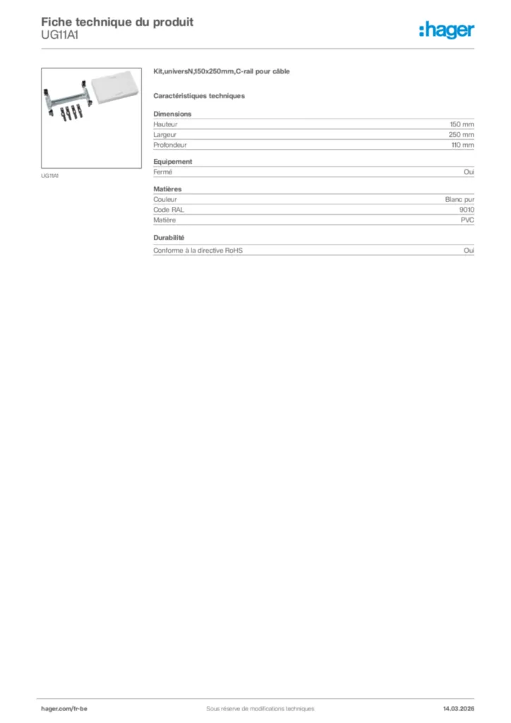 Image Hager Fiche technique du produit UG11A1 | Hager Belgique