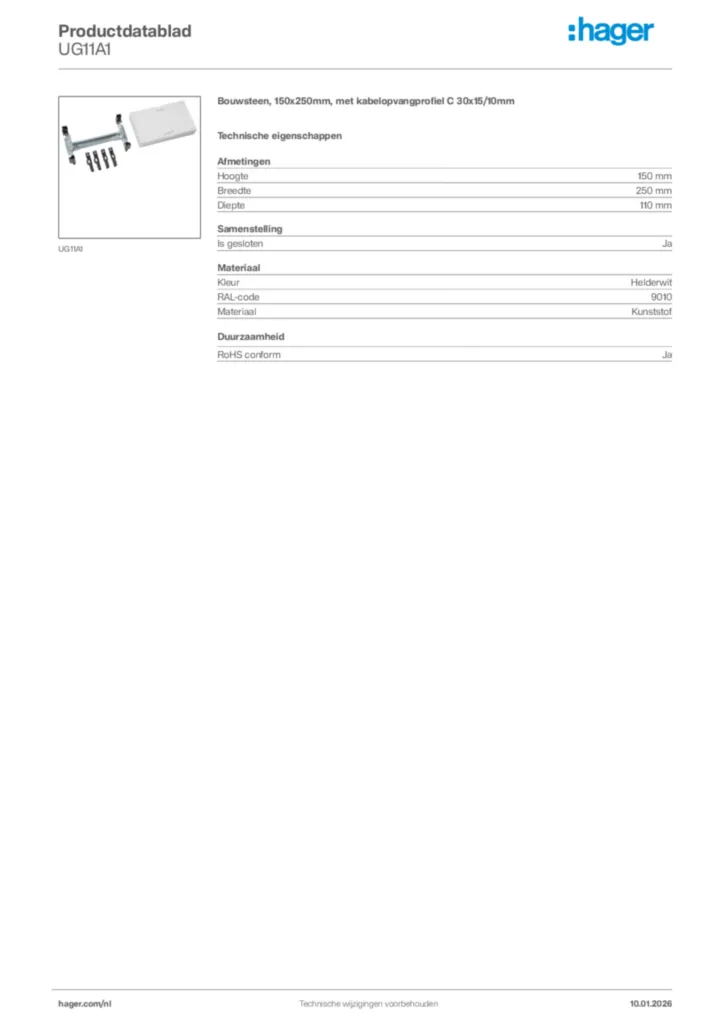 Afbeelding Hager Productdatablad UG11A1 | Hager Nederland