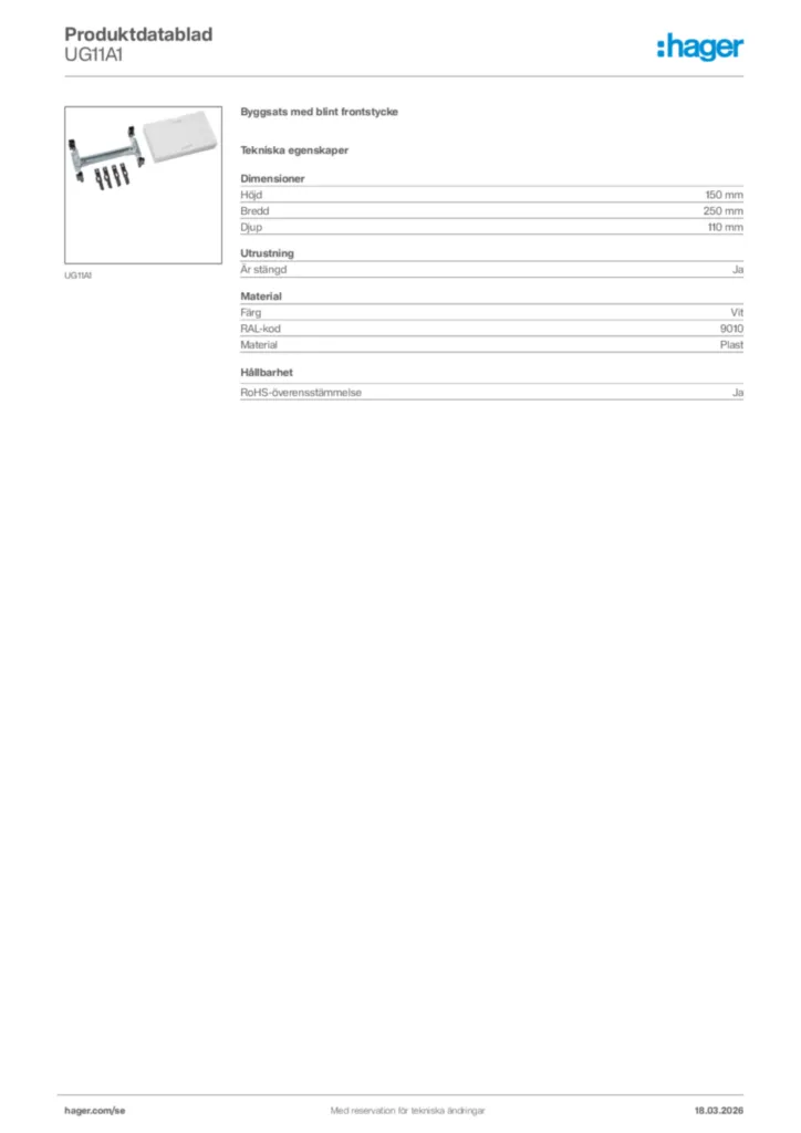 Bild Hager Produktdatablad UG11A1 | Hager Sverige