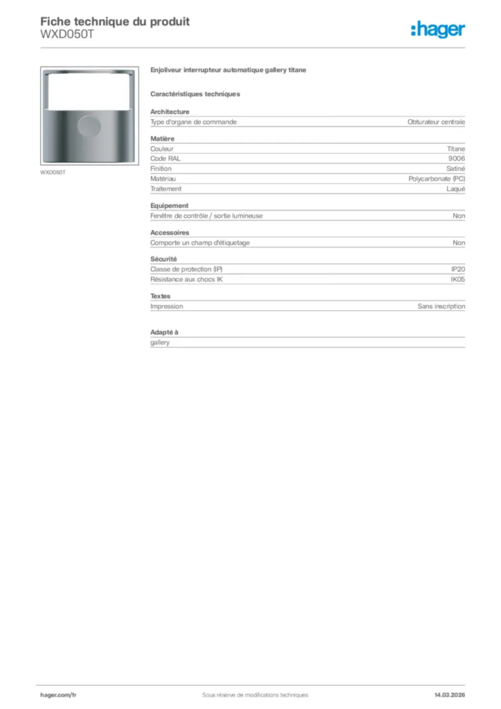 Image Hager Fiche technique du produit WXD050T | Hager France