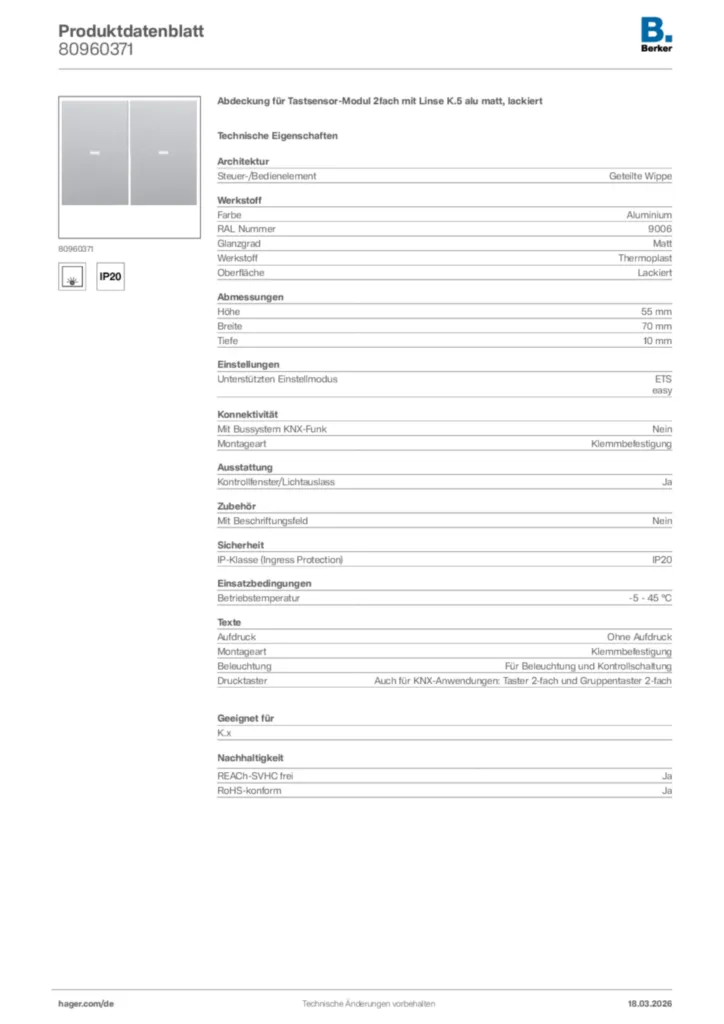 Bild Berker Produktdatenblatt 80960371 | Hager Deutschland
