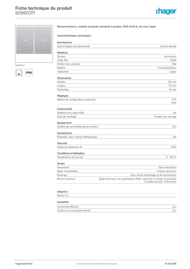 Image Hager Fiche technique du produit 80960371 | Hager Belgique