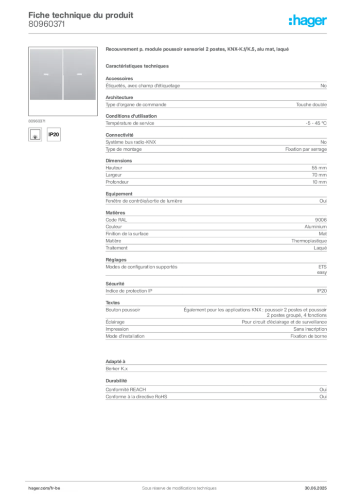 Image Hager Fiche technique du produit 80960371 | Hager Belgique