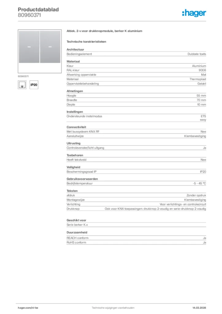 Afbeelding Hager Productdatablad 80960371 | Hager Belgium