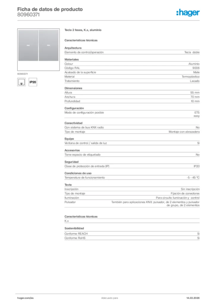 Imagen Hager Ficha de datos de producto 80960371 | Hager España