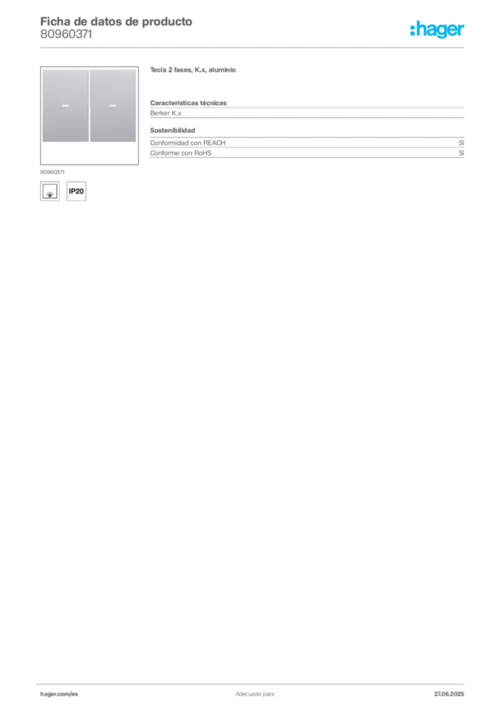 Imagen Hager Ficha de datos de producto 80960371 | Hager España