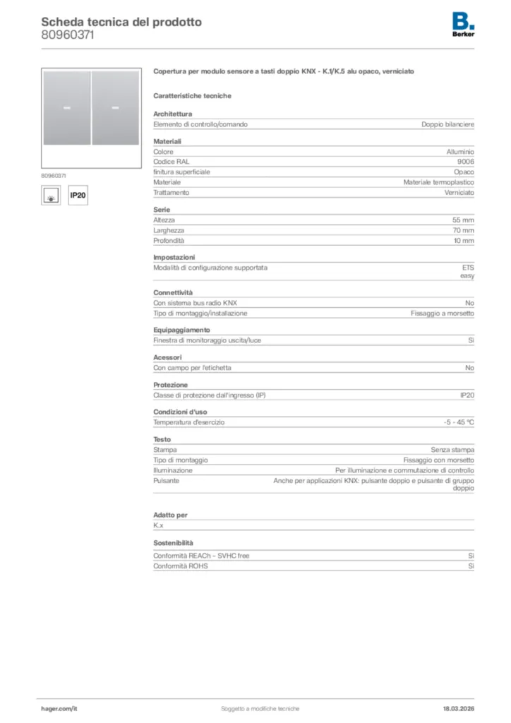 Immagine Berker Scheda tecnica del prodotto 80960371 | Hager Italia