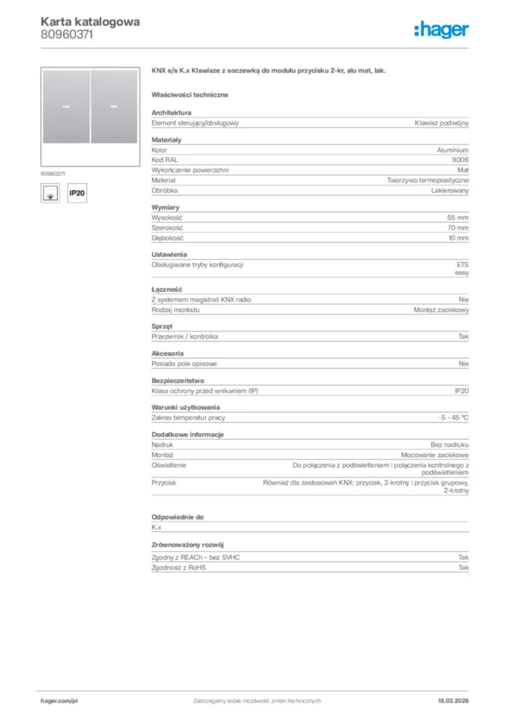 Zdjęcie Hager Karta katalogowa 80960371 | Hager Polska