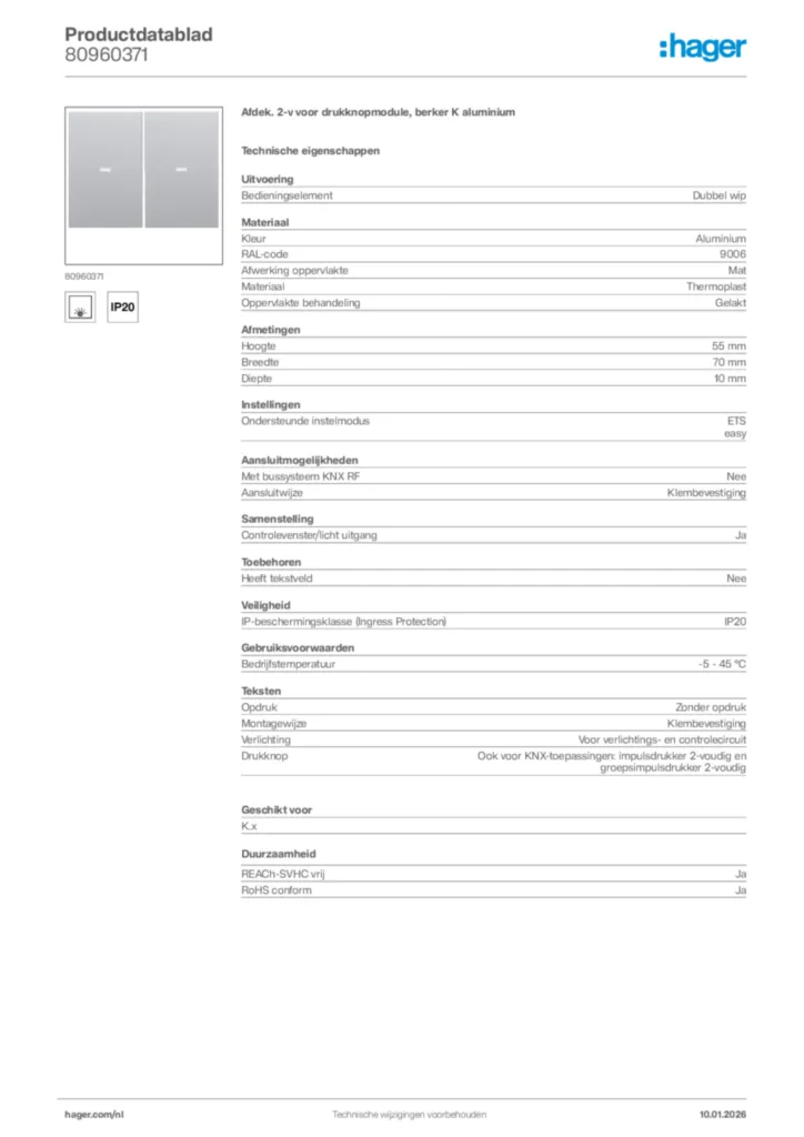Afbeelding Hager Productdatablad 80960371 | Hager Nederland