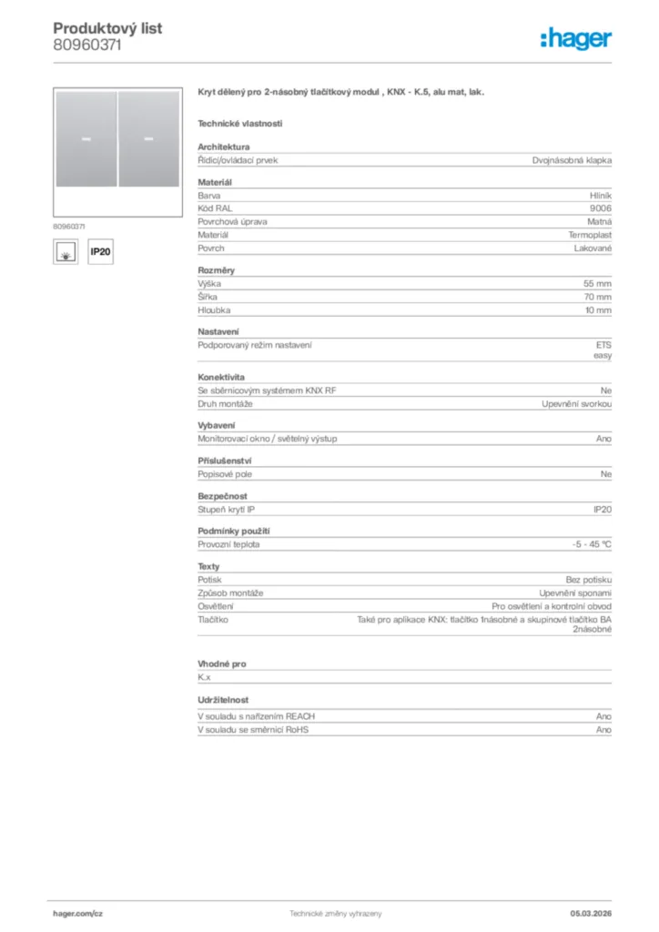 Obrázek Hager Product data sheet 80960371 | Hager